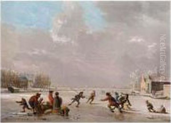 A Winter Landscape With Skaters On A Frozen River Oil Painting by Vincent Jansz. Van Der Vinne