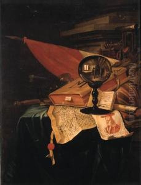 A Vanitas Still Life With The Artist At His Easel Reflected In Acrystal Ball, And With A Book, A Lute, A Flag, A Chipped Roemer, Aflute, A Baton, An Hourglass, An Open Book Showing A View Ofantwerp, A Portrait Engraving Of King Charles I, And A Charter Wi Oil Painting by Vincent Laurentsz. van der Vinne I