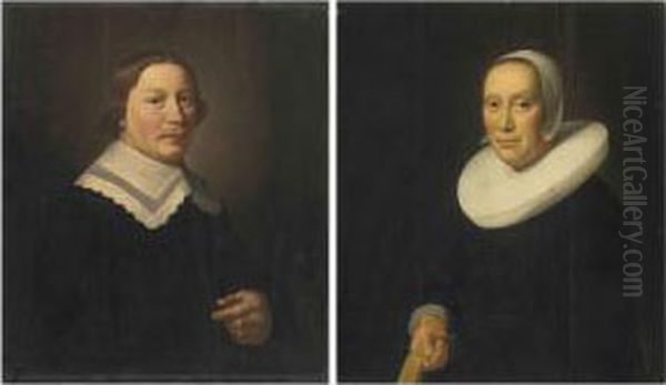 Portrait Of A Gentleman, Half-length, In Black With A White Collar;and Portrait Of A Lady, Half-length, In Black With A White Collarand Bonnet Oil Painting by Hendrick Van Vliet