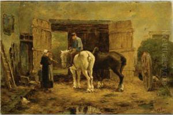 A Peasant Family In A Farmyard Oil Painting by Willem van der Vliet