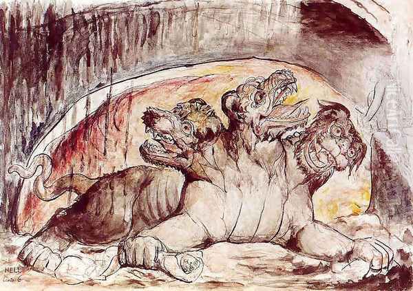 Inferno, Canto VI, 12-35, Cerberus Oil Painting by William Blake