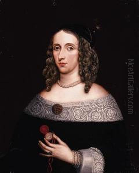 Portrait Of A Lady, Half-length, In A Black Dress With White Lace Trim, Holding A Pocket Watch In Her Left Hand Oil Painting by Willem van der Vliet