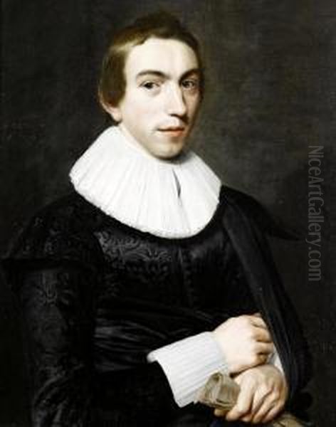 Portrait Of A Gentleman, Aged 18, Half-length,in A Black Tunic With A White Lace Ruff And Cuffs, Holding A Pairof Gloves Oil Painting by Willem van der Vliet