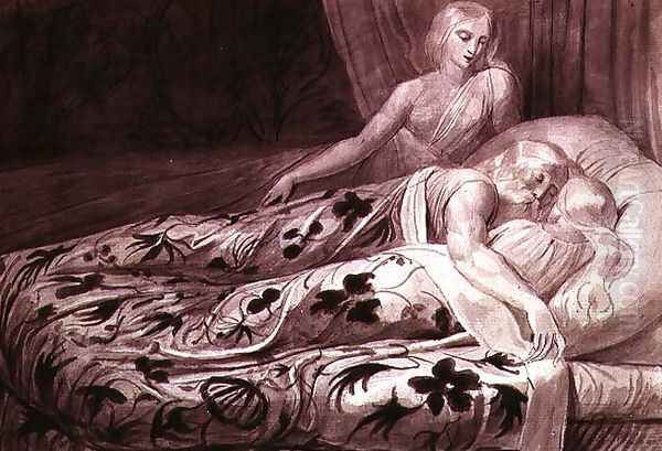 Har and Heva sleeping, with Mnetha looking on, one of twelve illustrations from 'Tiriel', c.1789 Oil Painting by William Blake