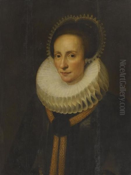 A Portrait Of A Lady In A White Ruff And Lace Headress Oil Painting by Cornelis van der Voort