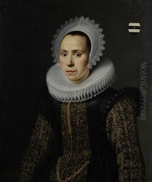 Portrait Of A Young Lady, A Member Of The Van Der Graeff Family, Most Probably Alida (1592-1673), Half-length, In A Black Silk Dress Embroidered With Gold And A White Lace Ruff And Headdress Oil Painting by Cornelis van der Voort