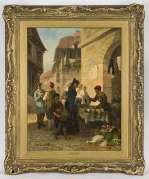 A Poultry Stall Oil Painting by Herman J. Van Der Voort In De Betouw