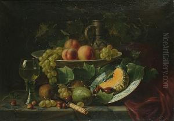 Still Life Of Fruit, Vines And Nuts With A Glass, And A Plate On A Table, Signed Oil Painting by Herman J. Van Der Voort In De Betouw