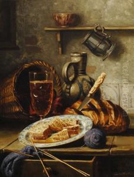 Still Life With Foods And Knitwork Oil Painting by Hermann Jacob Van Der Voort In De Betouw