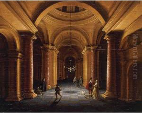 Figures In A Domed Interior Oil Painting by Jan van Vucht