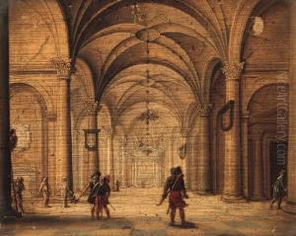 The Interior Of A Cathedral With Soldiers In The Foreground Oil Painting by Jan van Vucht