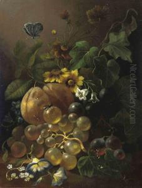 White And Black Grapes And Other Fruit, With Forget-me-nots, Violets And Various Other Flowers And Insects Oil Painting by Jan Van Der Waarden