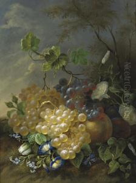 Grapes And Morning Glory Oil Painting by Jan Van Der Waarden