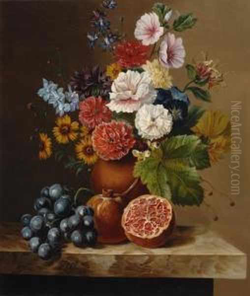 Still Life Of Flowers With Pomegranatesand Grapes Oil Painting by Jan Van Der Waarden