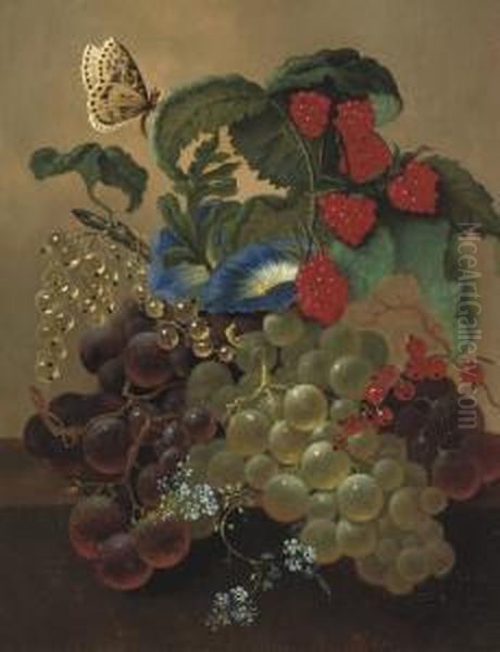 Fruits And Flowers On A Ledge Oil Painting by Jan Van Der Waarden