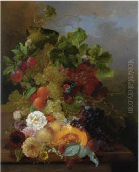 Still Life Of Fruit With Dahlias And Roses Oil Painting by Jan Van Der Waarden