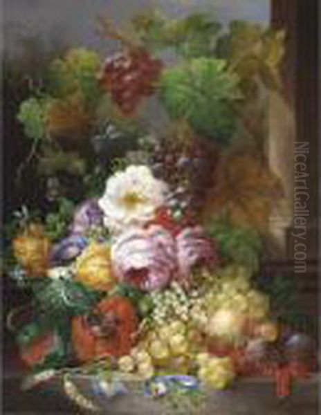 A Still Life With Fruit And Flowers Oil Painting by Jan Van Der Waarden