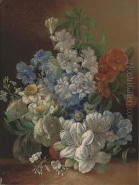 Narcissae, Pansies, Lillies And Other Summer Blooms In A Vase On Aledge Oil Painting by Jan Van Der Waarden