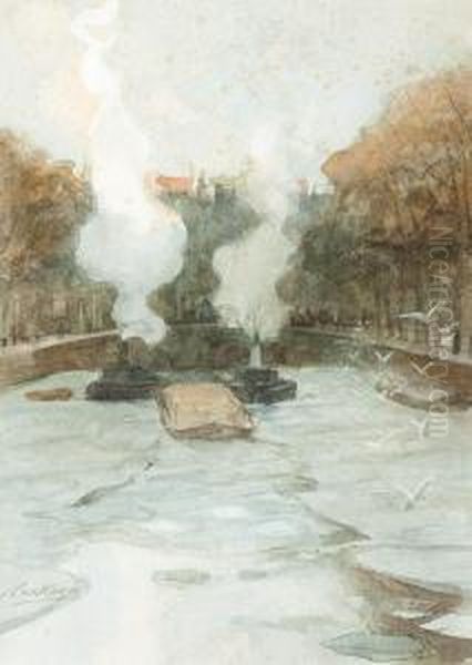 Icebreaker On The Herengracht Oil Painting by Nicolaas Van Der Waay