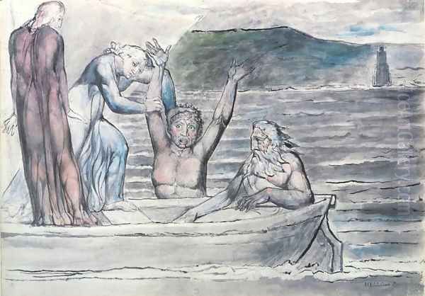 Inferno, Canto VIII, 30-64, Virgil repelling Filippo Argenti from the Boat Oil Painting by William Blake