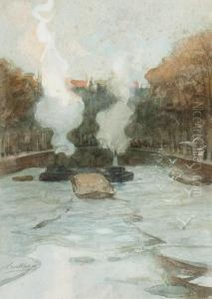 Icebreakers On The Herengracht Oil Painting by Nicolaas Van Der Waay