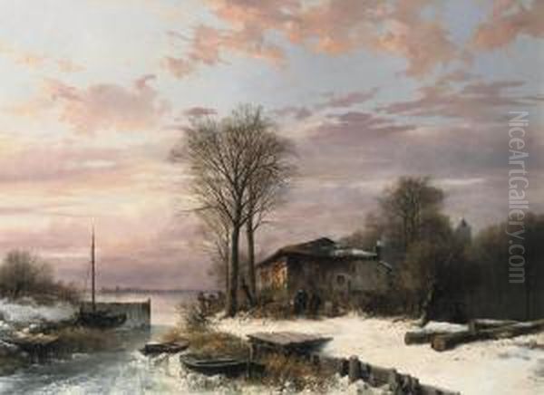 A Winter Landscape With Figures Near A House On The Frozenwaterfront Oil Painting by Abraham Van Der Wayen Pieterszen