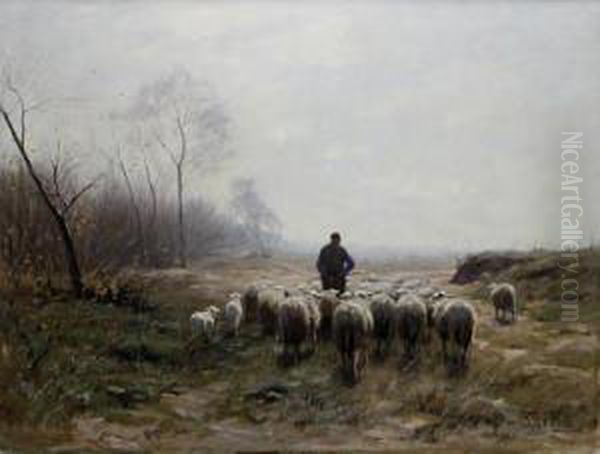 A Shepherd With His Flock Oil Painting by Hermann Johannes Van Der Weele