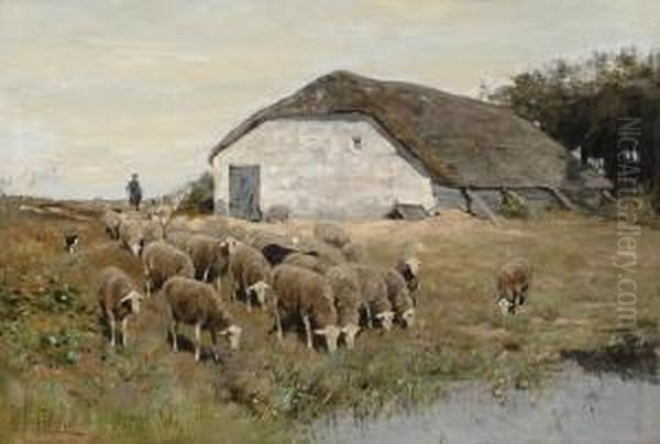 Shepherd With Flock Of Sheep Oil Painting by Hermann Johannes Van Der Weele