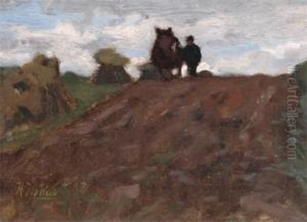 Ploughing In The Fields Oil Painting by Hermann Johannes Van Der Weele