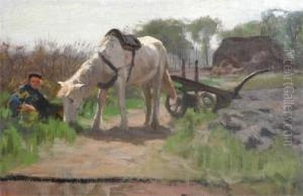 A Bullock Pulling A Cart And A Horse Resting After A Days Work Oil Painting by Hermann Johannes Van Der Weele