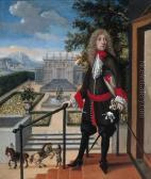 A Nobleman, Standing Small Full Length On A Balcony Oil Painting by Abraham Van Der Weerdt