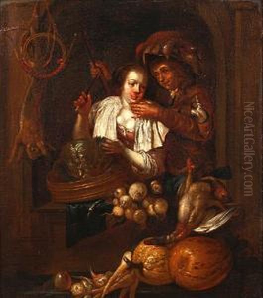 Figures In A Kitchen By A Stone Archway Oil Painting by Adriaen Van Der Werff