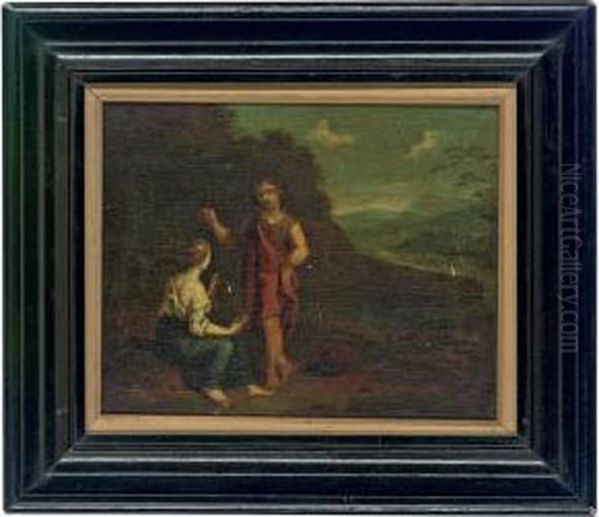 Two Figures In A Classical Landscape Oil Painting by Adriaen Van Der Werff