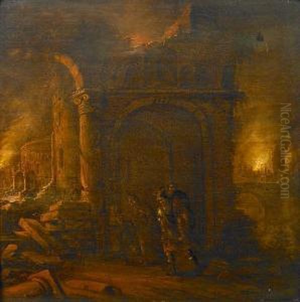 The Burning Of Troy Oil Painting by Claesz Jansz Van Der Willigen