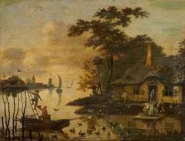 Landlichesalltagsgeschehen Am Fluss Oil Painting by Claesz Jansz Van Der Willigen