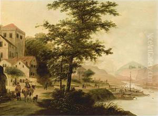 A River Landscape With Fishing Boats Unloading And Travellers On A Path Near A Village Oil Painting by Claesz Jansz Van Der Willigen