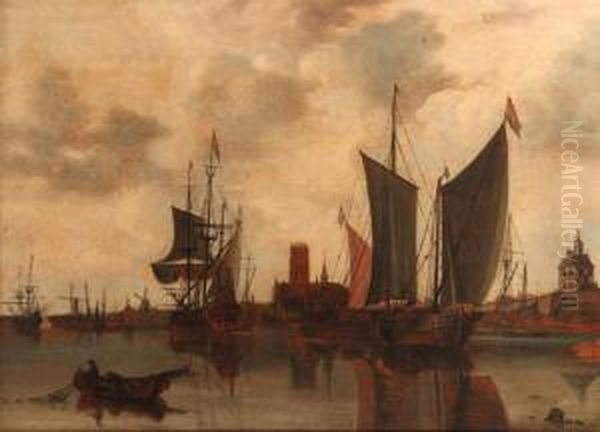 A View Of Rotterdam With Moored Sailing Vessels In The Harbour, Thelaurenskerk, Oude Hoofdpoort And Kruithuis Beyond Oil Painting by Claesz Jansz Van Der Willigen