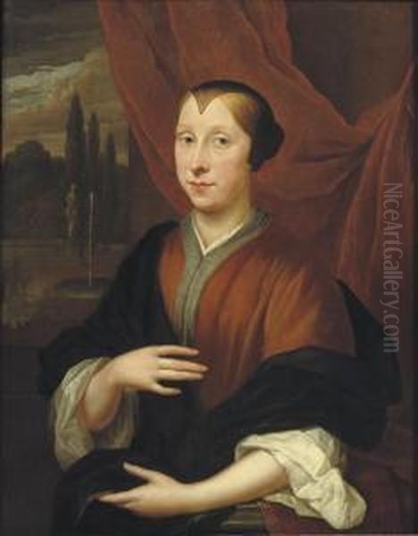 Portrait Of A Lady, Three-quarter-length, In A Brown Dress, Aclassical Garden Beyond Oil Painting by Thomas van der Wilt