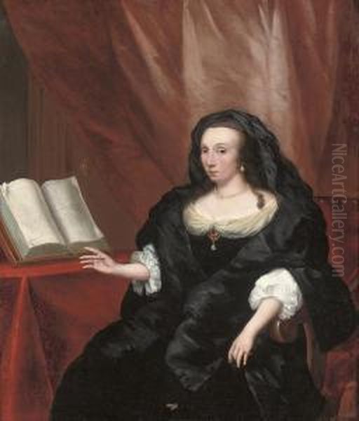 Portrait Of A Lady, Three-quarter-length, In A Black Dress Andwrap, An Open Book To Her Right Oil Painting by Thomas van der Wilt