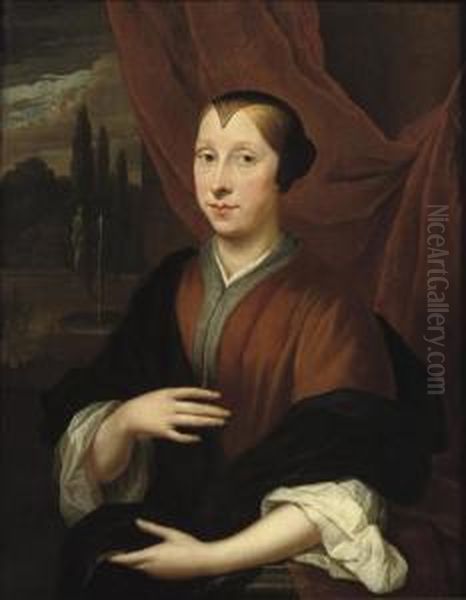 Portrait Of A Lady, Three-quarter-length, In A Brown Dress, A Classical Garden Beyond Oil Painting by Thomas van der Wilt