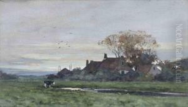 A Cow Near A Farm At Sunset Oil Painting by Chris Van Der Windt