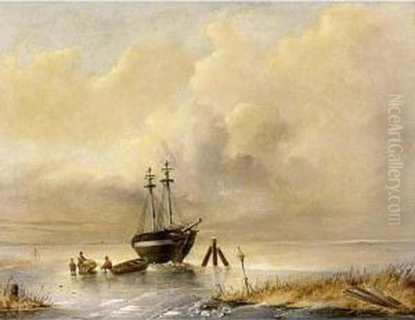 A Winter Landscape With Figures On A Frozen River Oil Painting by Willem Van Der Worp