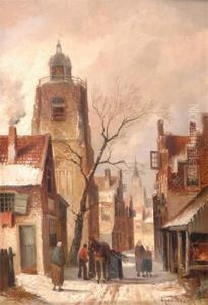 A Winter Street Scene With Horse Drawn Cart And Figures Oil Painting by Adam Van Der Woude