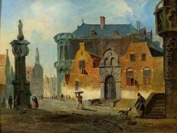 Figures On A Town Square Oil Painting by Adam Van Der Woude