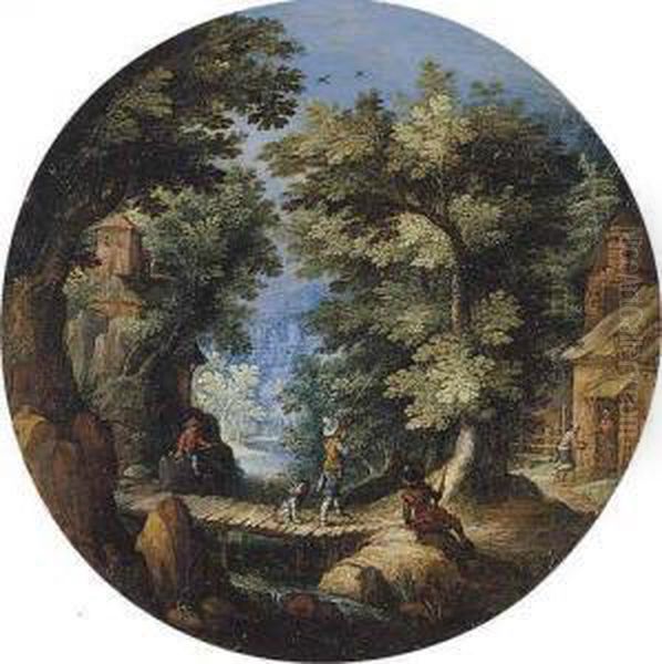 Wooded Landscape With A Huntsman Shooting On A Bridge Oil Painting by Jacques Van Der Wyhen