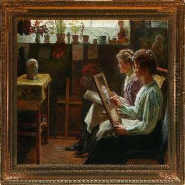 Two Women In A Studio Oil Painting by Caroline Van Deurs