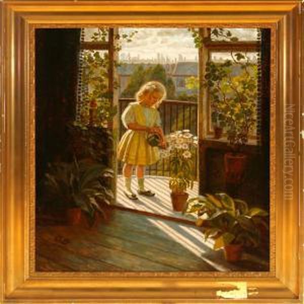 A Little Girl On Abalcony Oil Painting by Caroline Van Deurs