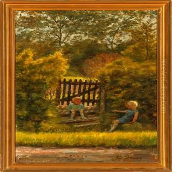 Twochildren At A Garden Gate Oil Painting by Caroline Van Deurs