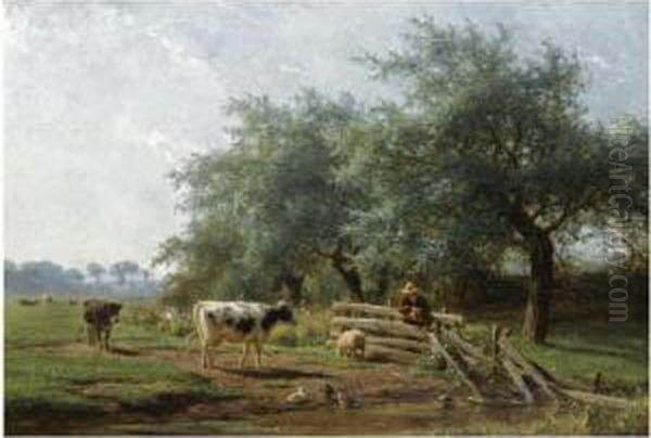 Cows In A Meadow Oil Painting by Jan Frederik Van Deventer