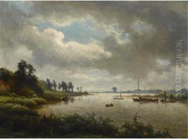 Boats On A River In Summer Oil Painting by Jan Frederik Van Deventer